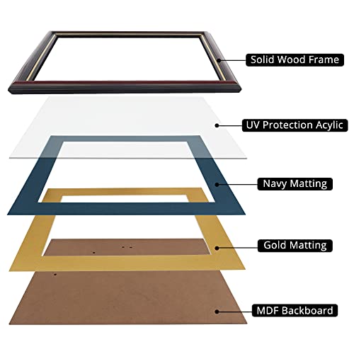 GraduationMall 8.5x11 Diploma Frame with Navy over Gold Mat or Display 11x14 Certificate without Mat,Solid Wood & UV Protection Acrylic,Cherry Finish with Gold Trim